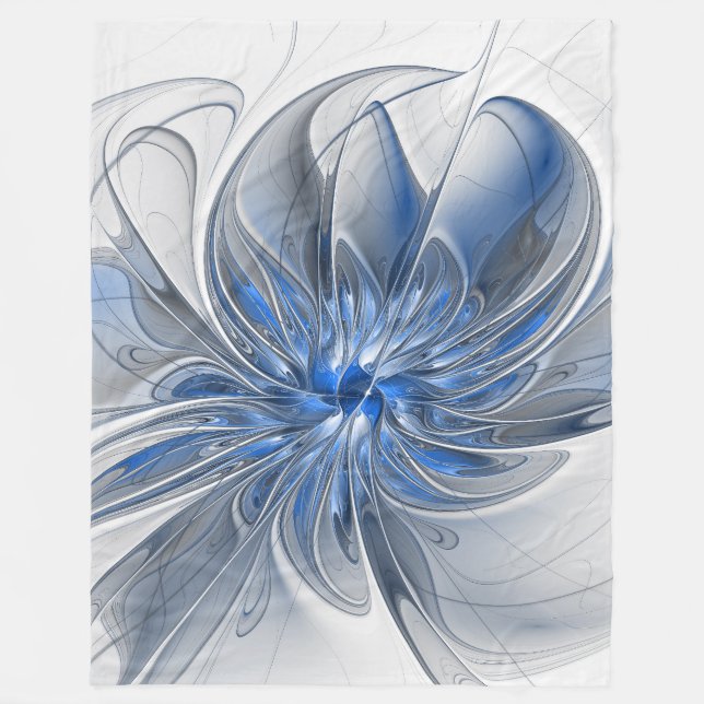 Abstract Blue Gray Watercolor Fractal Art Flower Fleece Blanket (Front)