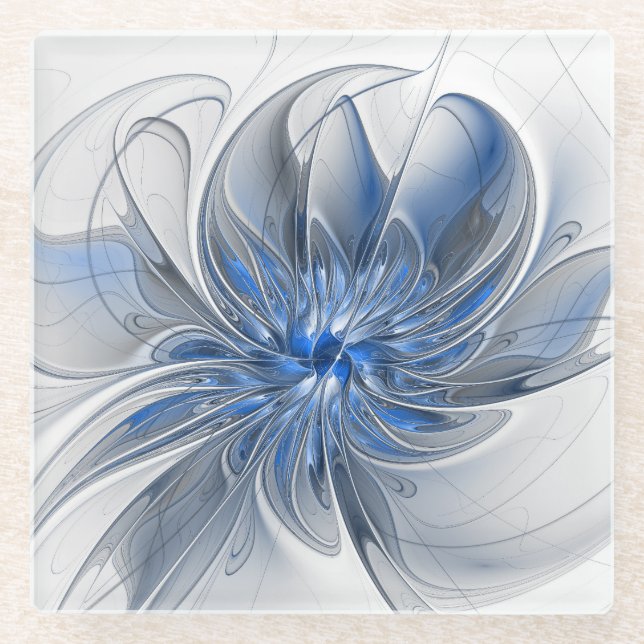 Abstract Blue Gray Watercolor Fractal Art Flower Glass Coaster (Front)