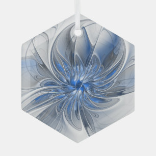 Abstract Blue Gray Watercolor Fractal Art Flower Glass Ornament