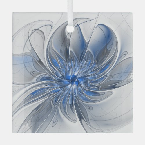 Abstract Blue Gray Watercolor Fractal Art Flower Glass Ornament