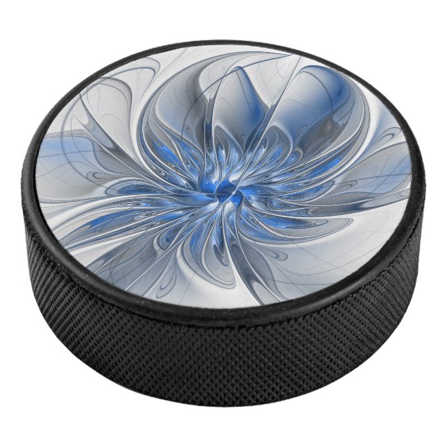 Abstract Blue Gray Watercolor Fractal Art Flower Hockey Puck (3/4)
