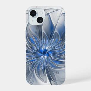 Abstract Blue Gray Watercolor Fractal Art Flower iPhone 15 Case