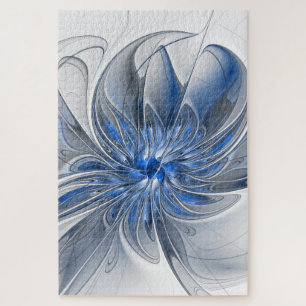 Abstract Blue Gray Watercolor Fractal Art Flower Jigsaw Puzzle