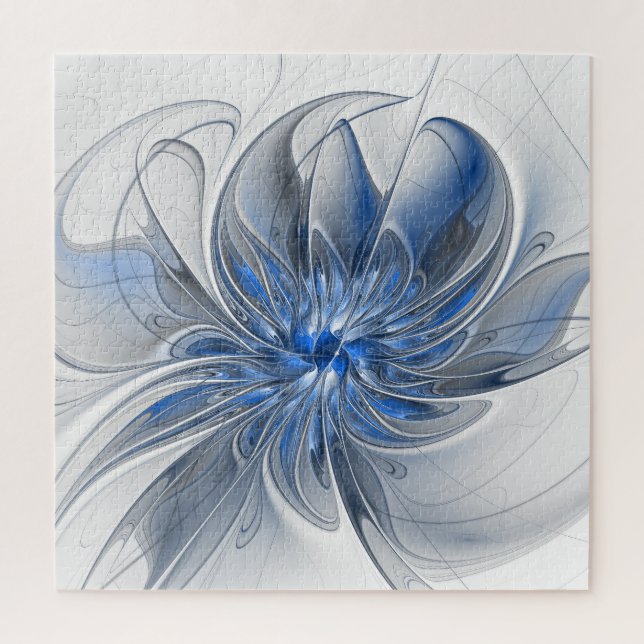 Abstract Blue Gray Watercolor Fractal Art Flower Jigsaw Puzzle (Vertical)