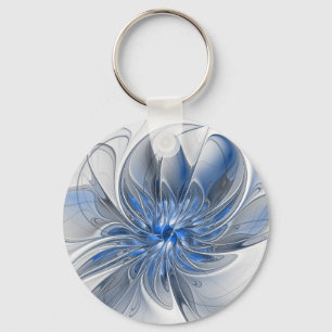 Abstract Blue Gray Watercolor Fractal Art Flower Keychain