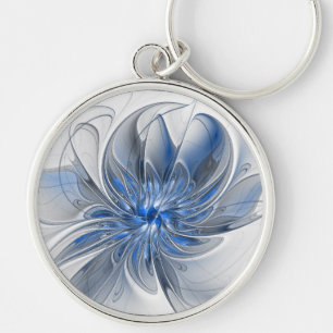 Abstract Blue Gray Watercolor Fractal Art Flower Keychain
