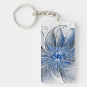 Abstract Blue Gray Watercolor Fractal Art Flower Keychain