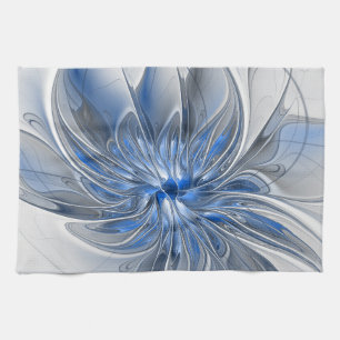 Abstract Blue Gray Watercolor Fractal Art Flower Kitchen Towel
