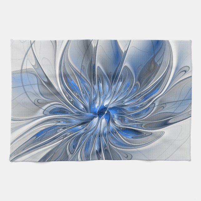 Abstract Blue Gray Watercolor Fractal Art Flower Kitchen Towel (Horizontal)