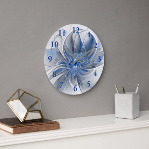 Abstract Blue Gray Watercolor Fractal Art Flower Large Clock