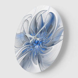 Abstract Blue Gray Watercolor Fractal Art Flower Large Clock