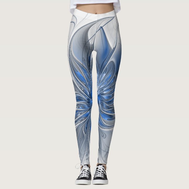 Abstract Blue Gray Watercolor Fractal Art Flower Leggings (Front)