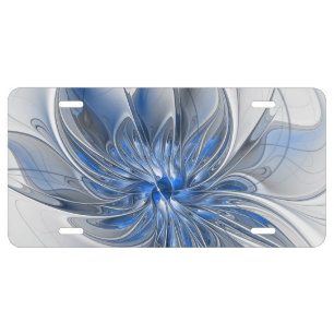 Abstract Blue Gray Watercolor Fractal Art Flower License Plate