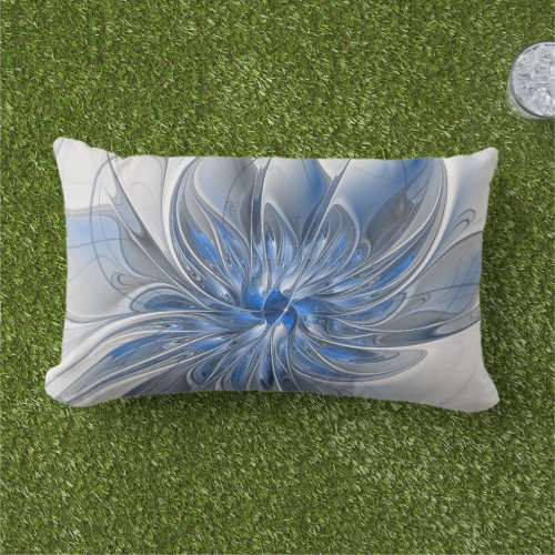 Abstract Blue Gray Watercolor Fractal Art Flower Lumbar Pillow