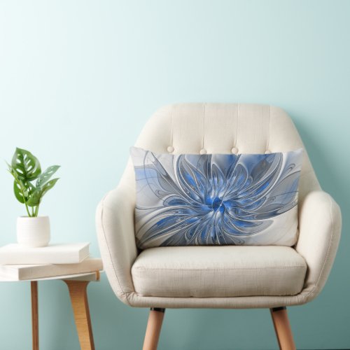 Abstract Blue Gray Watercolor Fractal Art Flower Lumbar Pillow