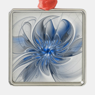 Abstract Blue Gray Watercolor Fractal Art Flower Metal Ornament