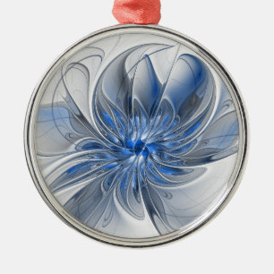 Abstract Blue Gray Watercolor Fractal Art Flower Metal Ornament