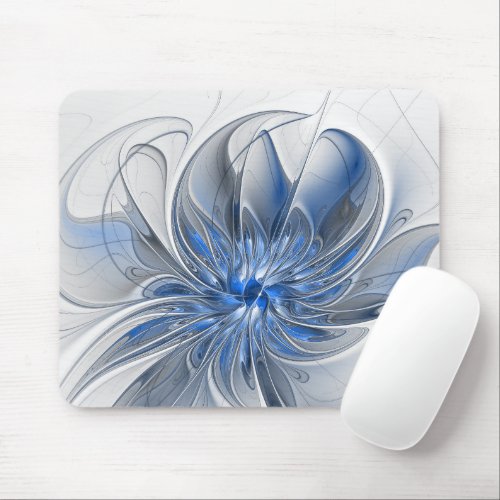 Abstract Blue Gray Watercolor Fractal Art Flower Mouse Pad