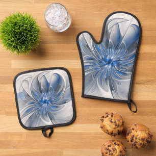 Abstract Blue Gray Watercolor Fractal Art Flower Oven Mitt & Pot Holder Set