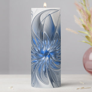 Abstract Blue Gray Watercolor Fractal Art Flower Pillar Candle