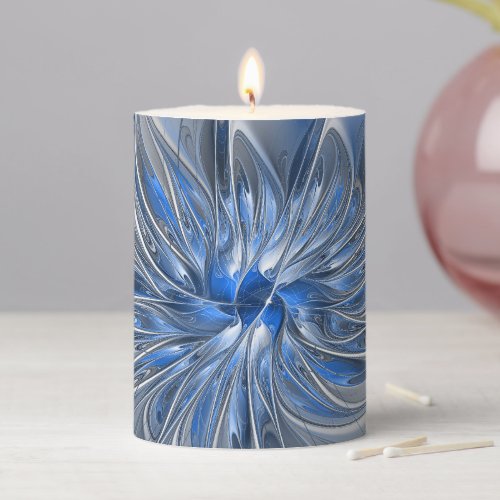 Abstract Blue Gray Watercolor Fractal Art Flower Pillar Candle