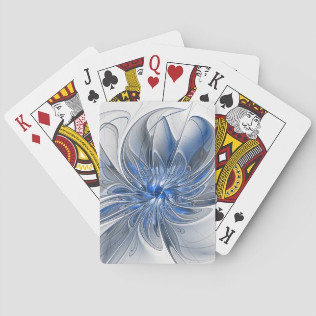 Abstract Blue Gray Watercolor Fractal Art Flower Poker Cards (Back)