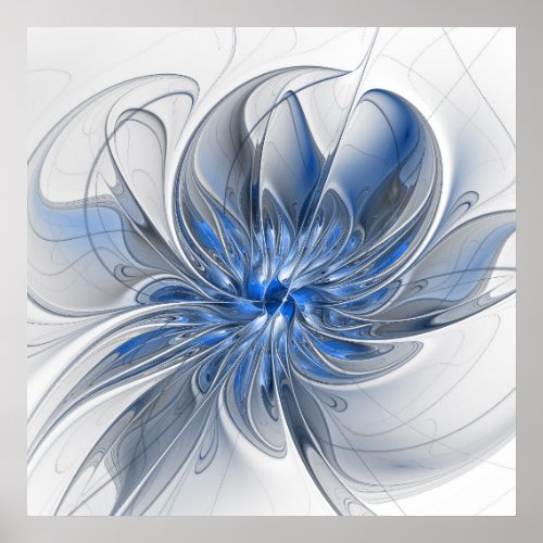 Abstract Blue Gray Watercolor Fractal Art Flower Poster