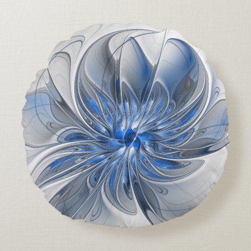 Abstract Blue Gray Watercolor Fractal Art Flower Round Pillow