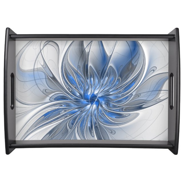 Abstract Blue Gray Watercolor Fractal Art Flower Serving Tray (Front)