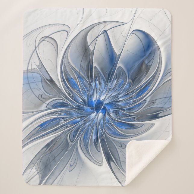 Abstract Blue Gray Watercolor Fractal Art Flower Sherpa Blanket (Front)