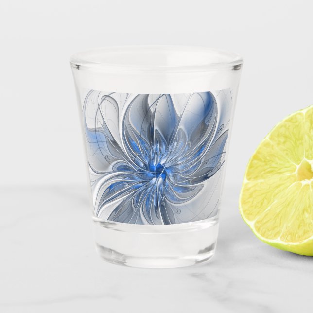 Abstract Blue Gray Watercolor Fractal Art Flower Shot Glass (Front)