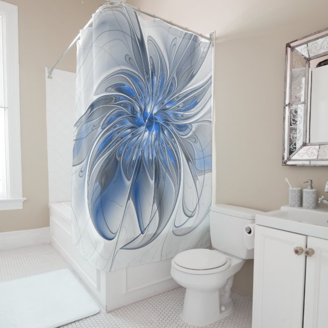 Abstract Blue Gray Watercolor Fractal Art Flower Shower Curtain (In Situ)