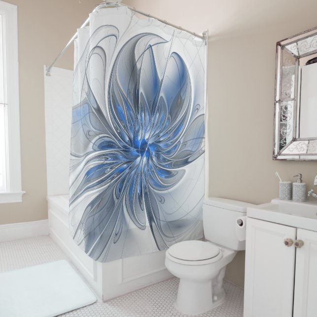 Abstract Blue Gray Watercolor Fractal Art Flower Shower Curtain (In Situ)