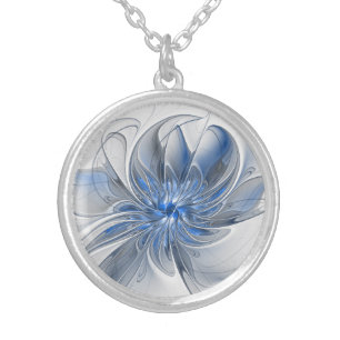 Abstract Blue Gray Watercolor Fractal Art Flower Silver Plated Necklace