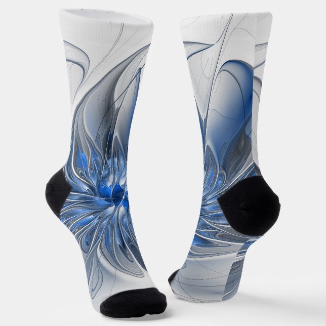Abstract Blue Gray Watercolor Fractal Art Flower Socks (Angled)