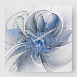 Abstract Blue Gray Watercolor Fractal Art Flower Square Wall Clock