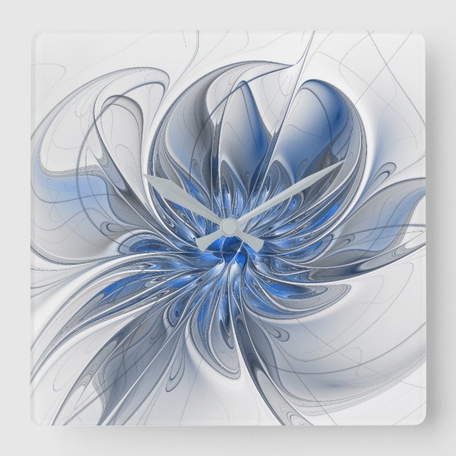 Abstract Blue Gray Watercolor Fractal Art Flower Square Wall Clock (Front)
