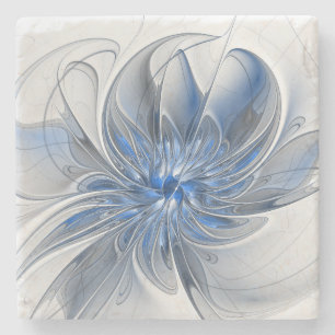 Abstract Blue Gray Watercolor Fractal Art Flower Stone Coaster