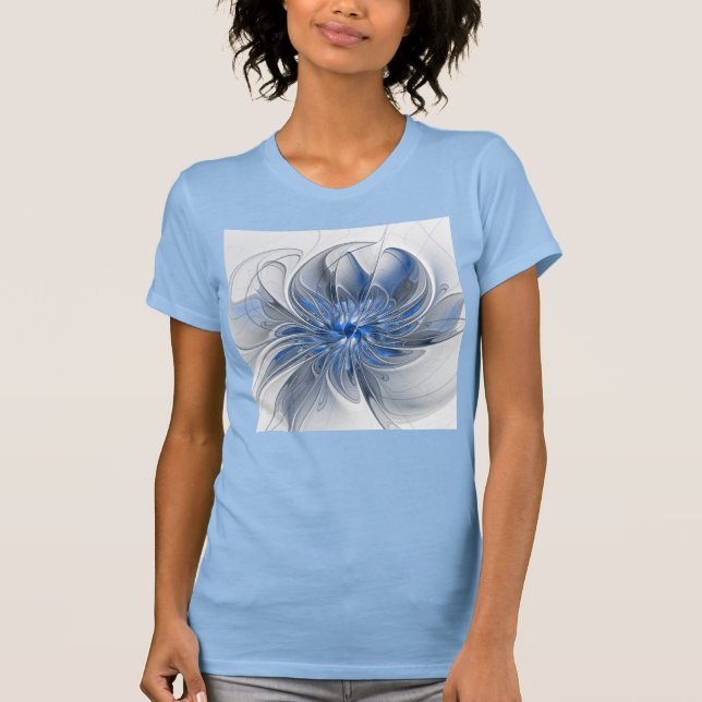 Abstract Blue Gray Watercolor Fractal Art Flower T-Shirt (Front)