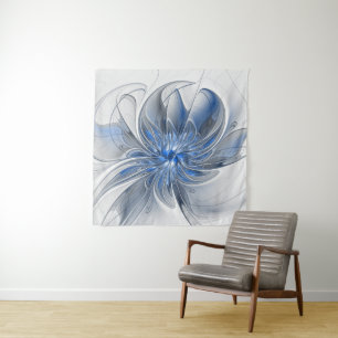 Abstract Blue Gray Watercolor Fractal Art Flower Tapestry