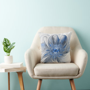 Abstract Blue Gray Watercolor Fractal Art Flower Throw Pillow