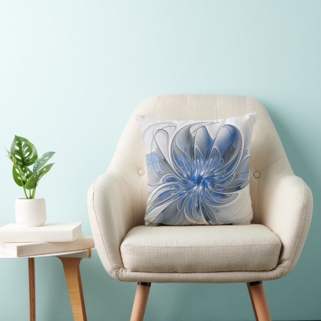 Abstract Blue Gray Watercolor Fractal Art Flower Throw Pillow (Chair)