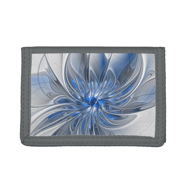 Abstract Blue Gray Watercolor Fractal Art Flower Trifold Wallet (Front)