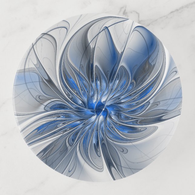 Abstract Blue Gray Watercolor Fractal Art Flower Trinket Tray (Front)