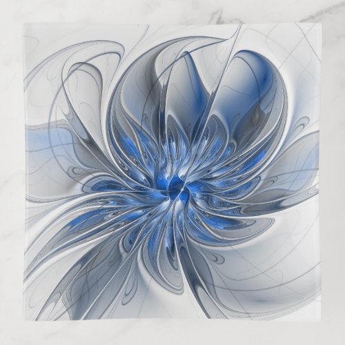 Abstract Blue Gray Watercolor Fractal Art Flower Trinket Tray