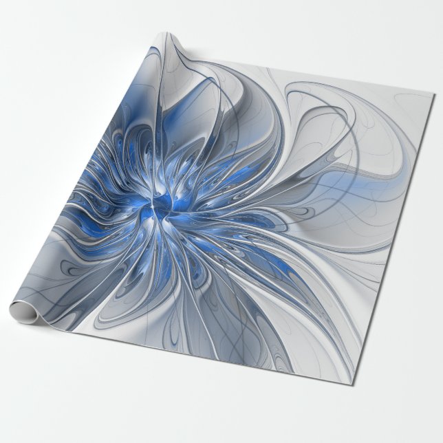 Abstract Blue Gray Watercolor Fractal Art Flower Wrapping Paper (Unrolled)