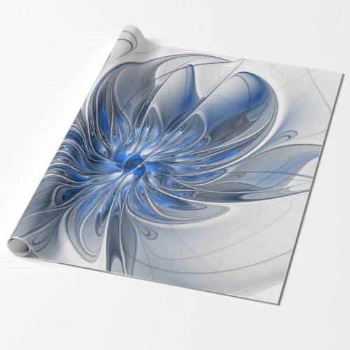 Abstract Blue Gray Watercolor Fractal Art Flower Wrapping Paper