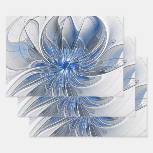 Abstract Blue Gray Watercolor Fractal Art Flower Wrapping Paper Sheets