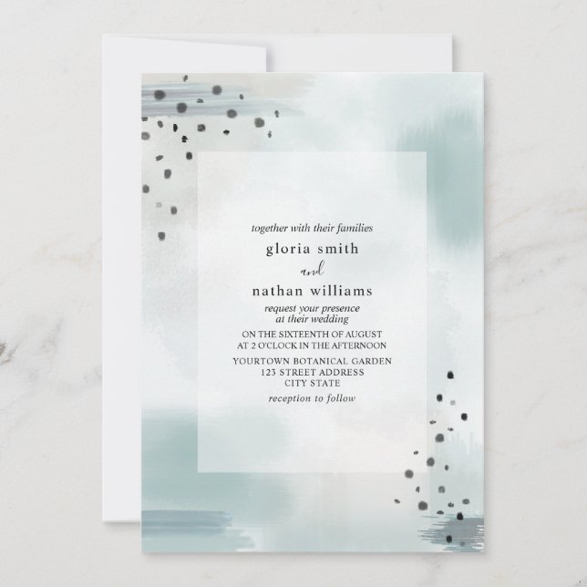 Abstract Blue Gray Watercolor Inspired Wedding Invitation (Front)