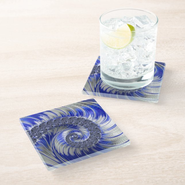 Abstract Blue Gray White Spiral Fractal Glass Coaster (Angled)